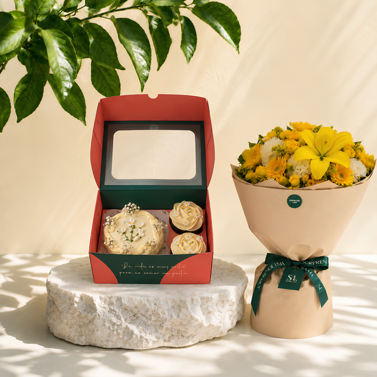 Pack Flor Primaveral – Flores Amarillas y Mini Torta