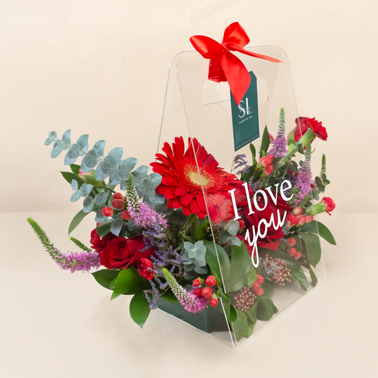 CANASTA DE CRISTAL FLORES ROJAS