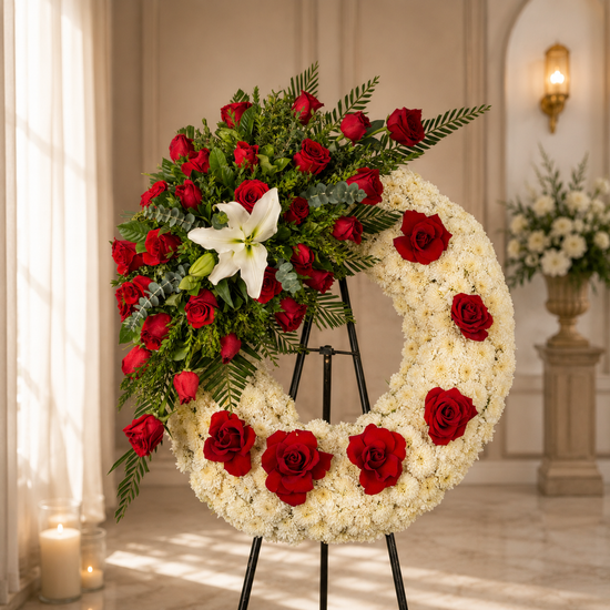 Corona Grande Fúnebre con rosas rojas