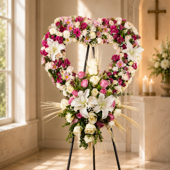 Corona Corazón rosado con Rosas y lirios